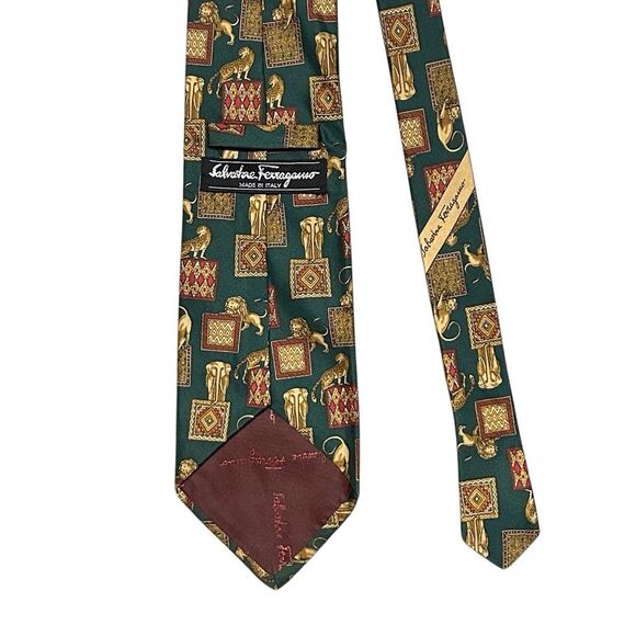 Salvatore Ferragamo Mens Green Lion Lioness Designer Silk Neck Tie Luxury - Picture 8 of 13